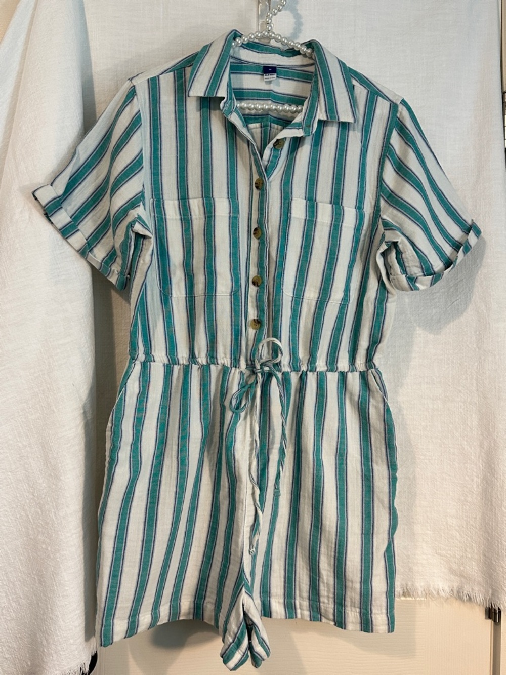 Old Navy Striped Shirt Dress in Teal, Navy & White